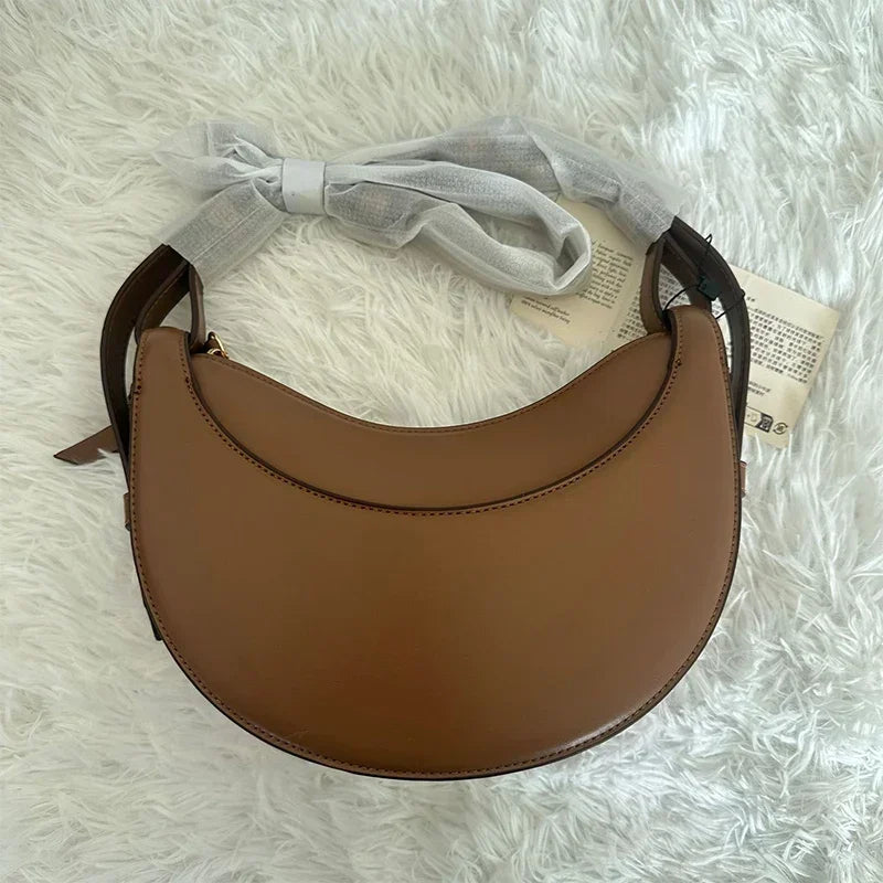 Bolso de hombro de mujer de cuero genuino de moda francesa, bolso de media luna, bolso de hombro tipo bandolera con cierre de cremallera de diseño de nicho