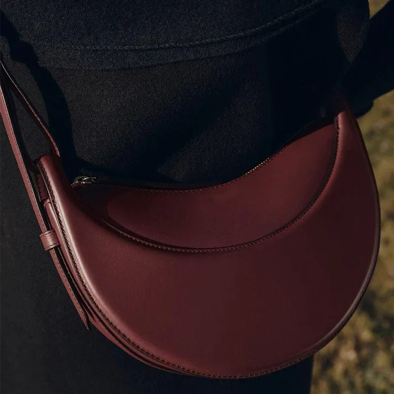 Bolso de hombro de mujer de cuero genuino de moda francesa, bolso de media luna, bolso de hombro tipo bandolera con cierre de cremallera de diseño de nicho
