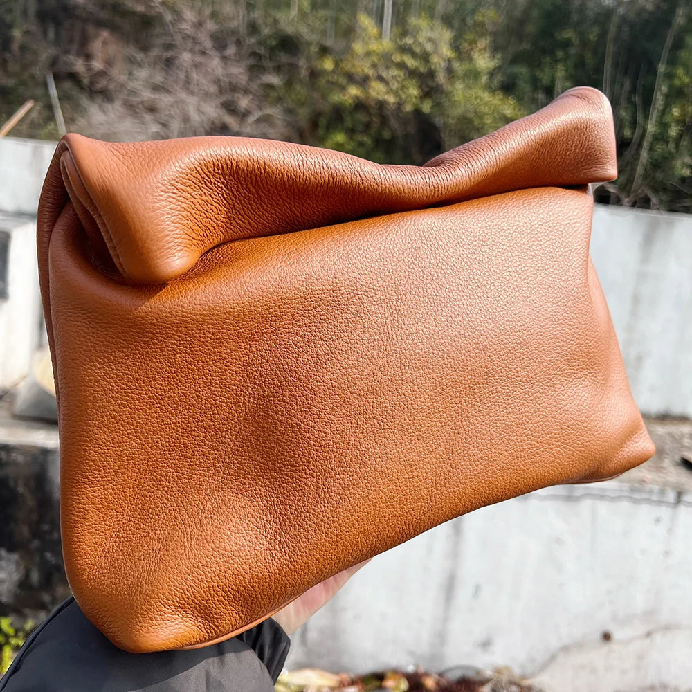 Bolso de mano de piel de vaca 100% auténtica para mujer, bolso de diseñador plegable, bolso con asa magnética Simple