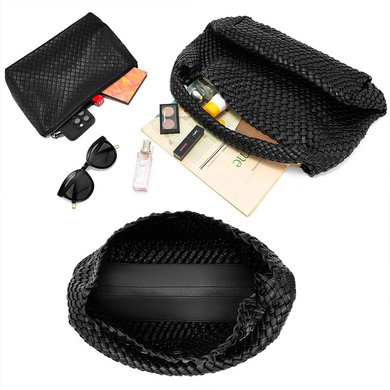 Bolso de mano tejido para mujer, bolso grande tejido, bandolera de cuero suave, bolso de trabajo, comprador, bolso de viaje de playa de verano con monedero
