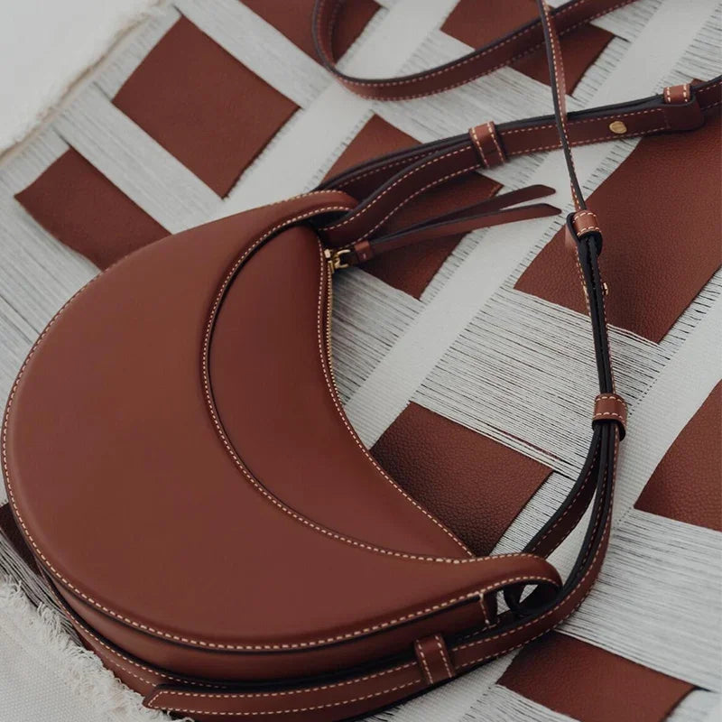 Bolso de hombro de mujer de cuero genuino de moda francesa, bolso de media luna, bolso de hombro tipo bandolera con cierre de cremallera de diseño de nicho
