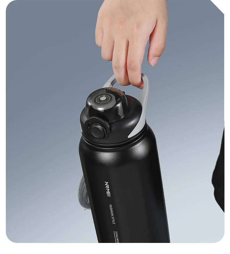 Botella de agua abierta de un botón con cuerda de elevación, botella termo de acero inoxidable de gran capacidad, frascos de vacío para deportes al aire libre
