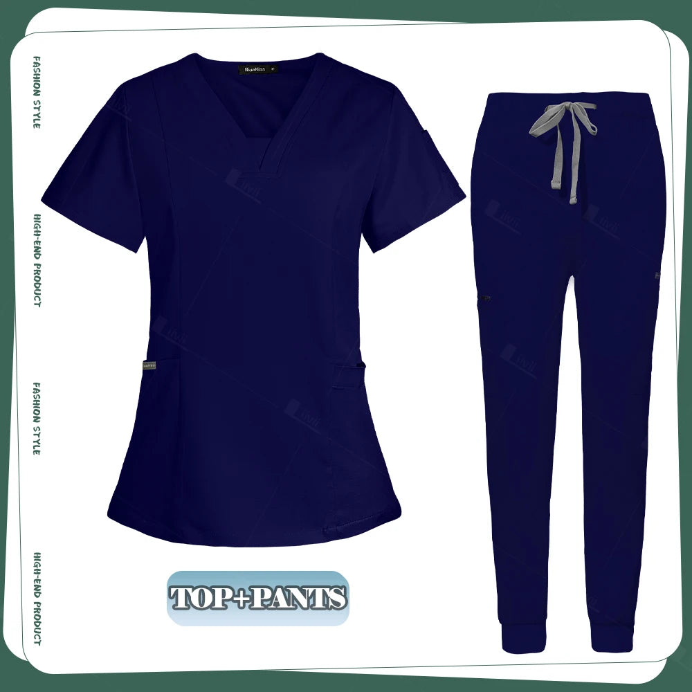 Conjunto de ropa de trabajo clínica para mujer, uniforme de enfermera y enfermería, uniformes médicos, conjunto de exfoliantes, pantalones superiores para escuelas de belleza para mascotas, gris y negro
