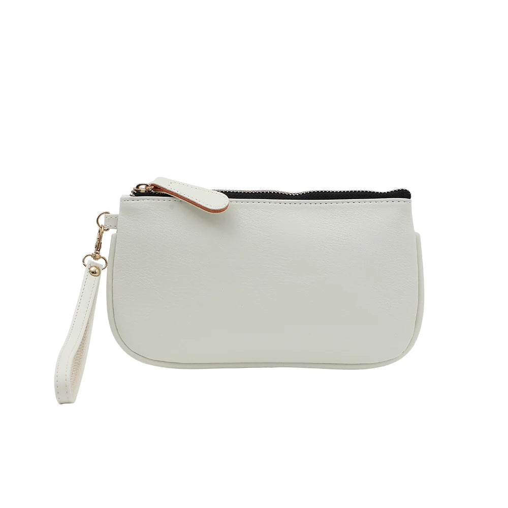 Bolso de mano de cuero vegano para mujer, bolso clásico pequeño minimalista multicolor, cartera de pulsera sólida, bolso de viaje, estuche para cosméticos