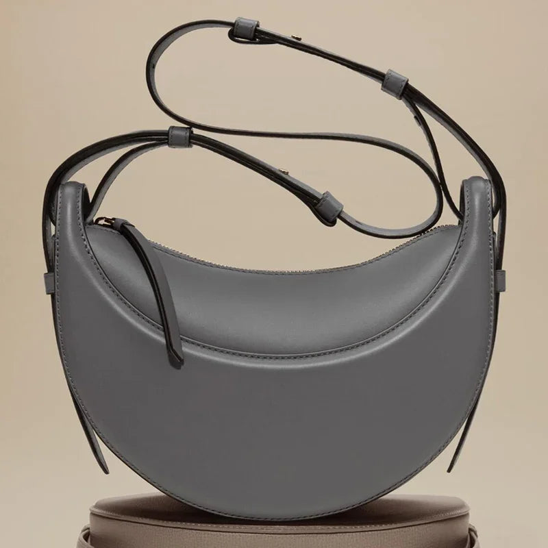 Bolso de hombro de mujer de cuero genuino de moda francesa, bolso de media luna, bolso de hombro tipo bandolera con cierre de cremallera de diseño de nicho