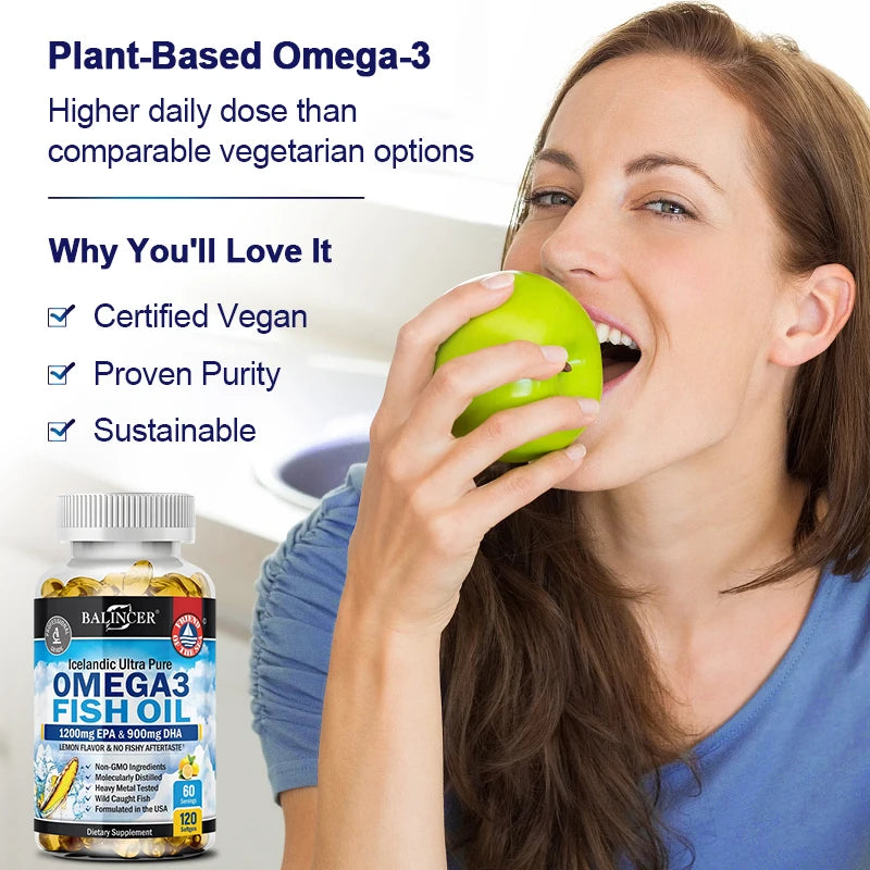 Cápsulas de aceite de pescado Omega-3 - Riche en DHA y EPA - Apoya la salud del cerebro y del sistema nervioso, suplemento dietético