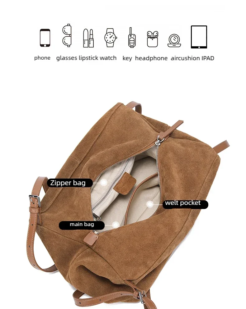 Bandoleras de piel auténtica de vaca de ante para mujer, bandolera de piel de vaca suave, diseño femenino, bolso de viaje perezoso de lujo