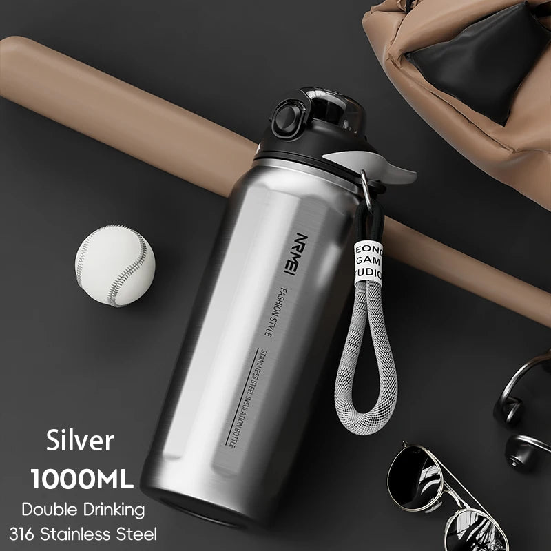 Botella de agua abierta de un botón con cuerda de elevación, botella termo de acero inoxidable de gran capacidad, frascos de vacío para deportes al aire libre