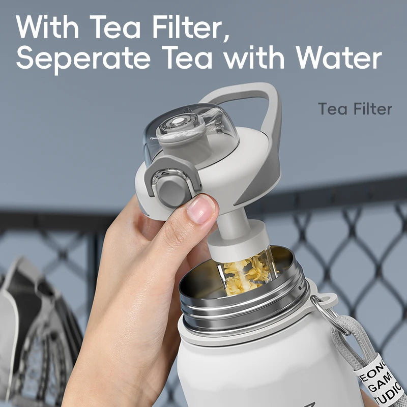 Botella de agua abierta de un botón con cuerda de elevación, botella termo de acero inoxidable de gran capacidad, frascos de vacío para deportes al aire libre