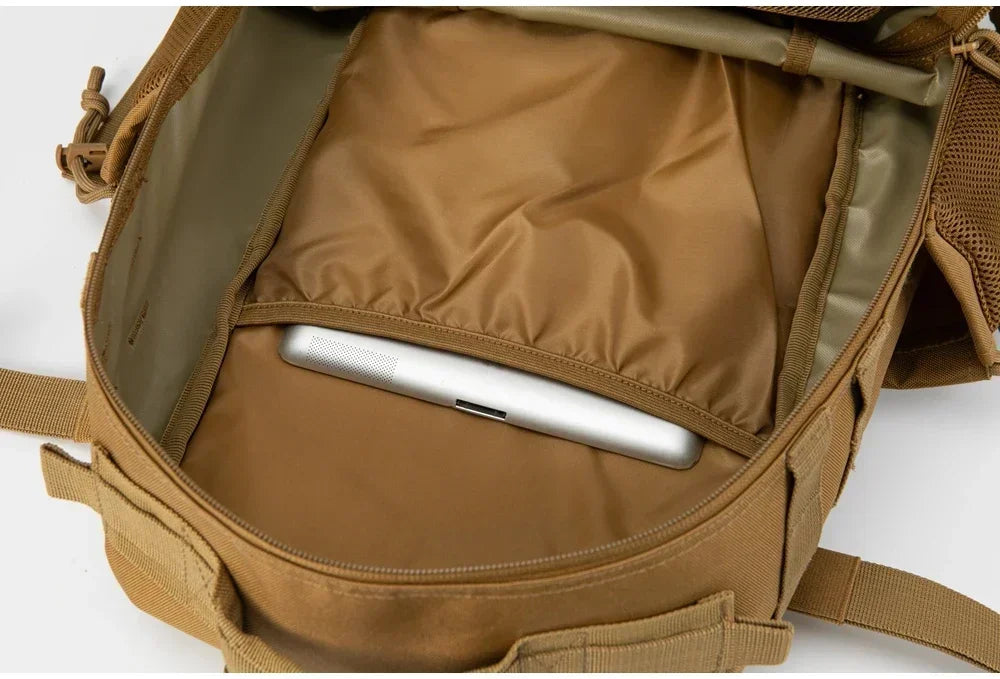 Mochilas tácticas de gimnasio de 25L para hombres, mochila Molle con corte láser de supervivencia, bolsa pequeña para insectos, mochila de caza con portavasos duales