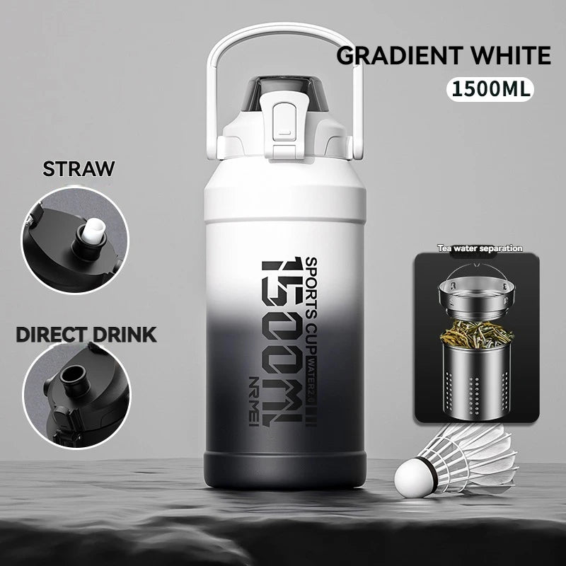 Botella de agua termo con mango de paja, termo de acero inoxidable 316,