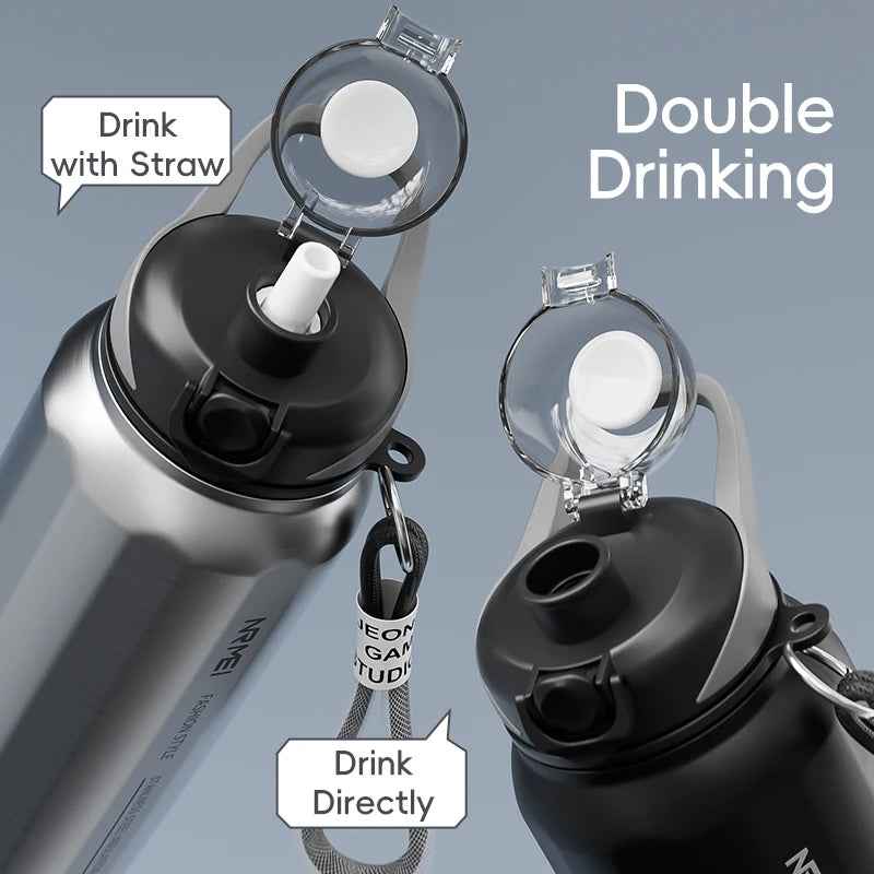 Botella de agua abierta de un botón con cuerda de elevación, botella termo de acero inoxidable de gran capacidad, frascos de vacío para deportes al aire libre