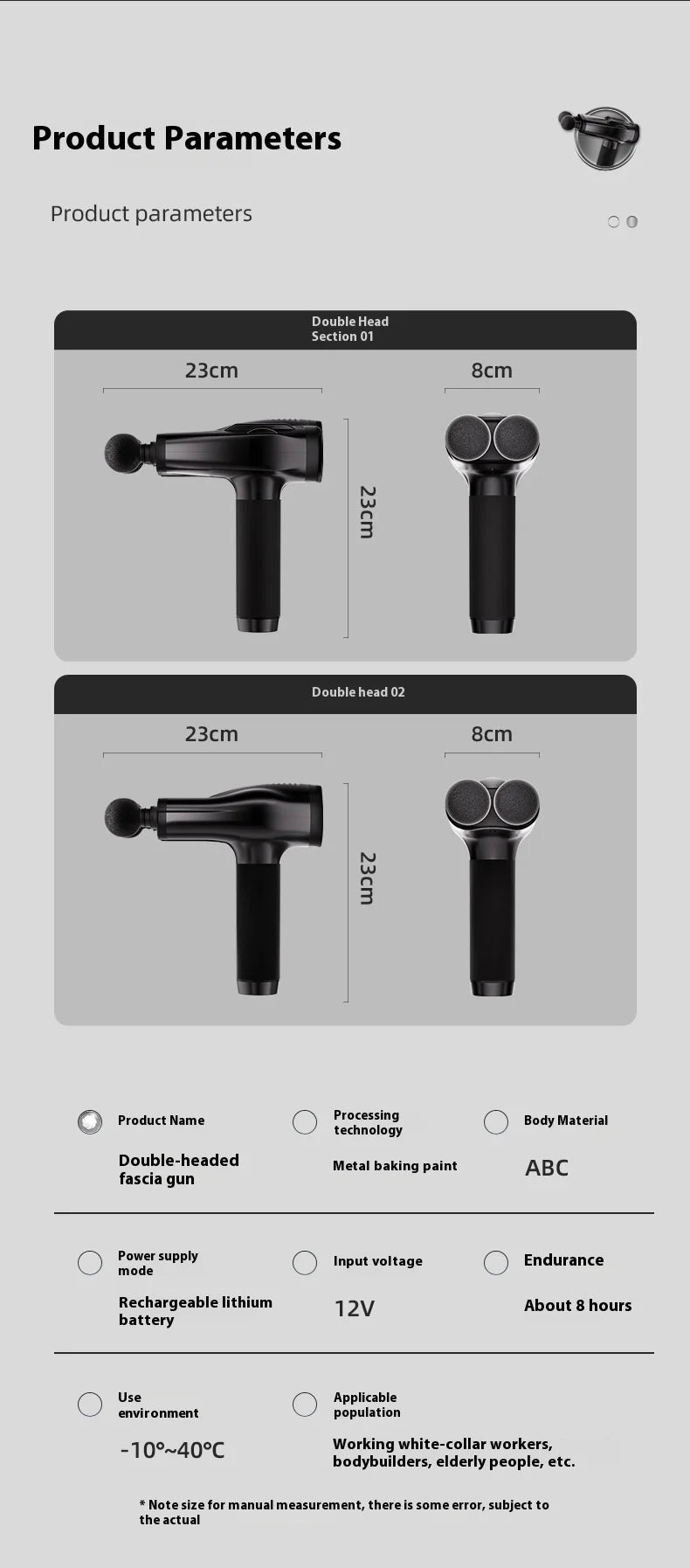 Mini pistola masajeadora de mano de doble cabezal con percusión de tejido profundo, pistola de masaje muscular, pistola fascial recargable multifuncional