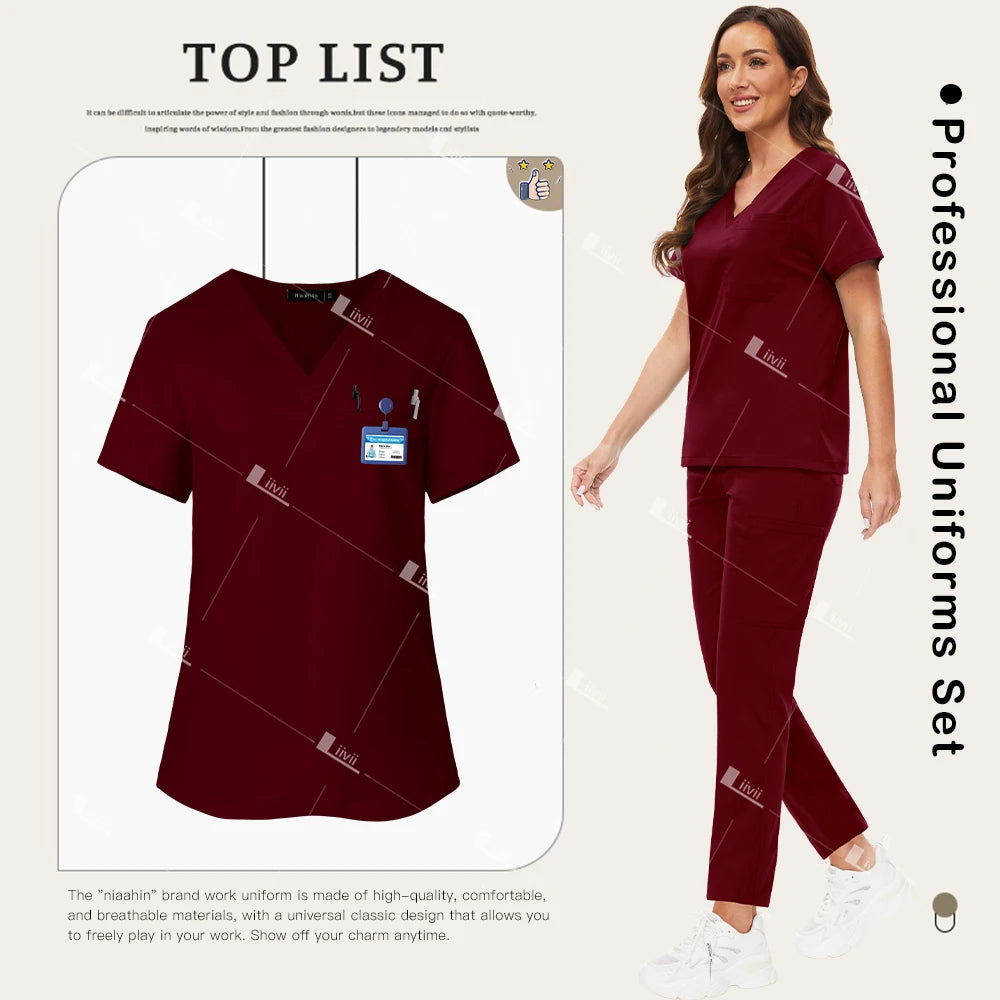 Nuevo conjunto de uniformes médicos, Top elástico con bolsillo, pantalones rectos, uniformes de enfermera, ropa de trabajo de laboratorio para salón de belleza