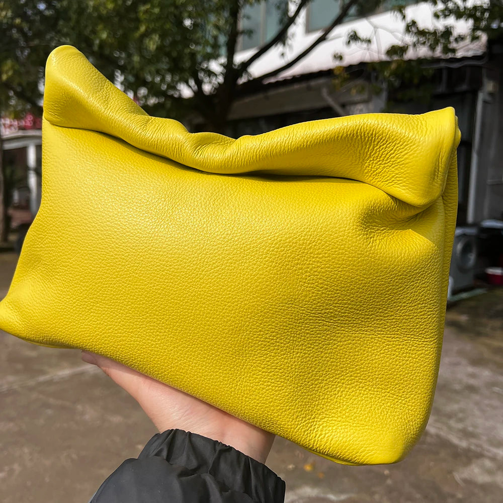 Bolso de mano de piel de vaca 100% auténtica para mujer, bolso de diseñador plegable, bolso con asa magnética Simple