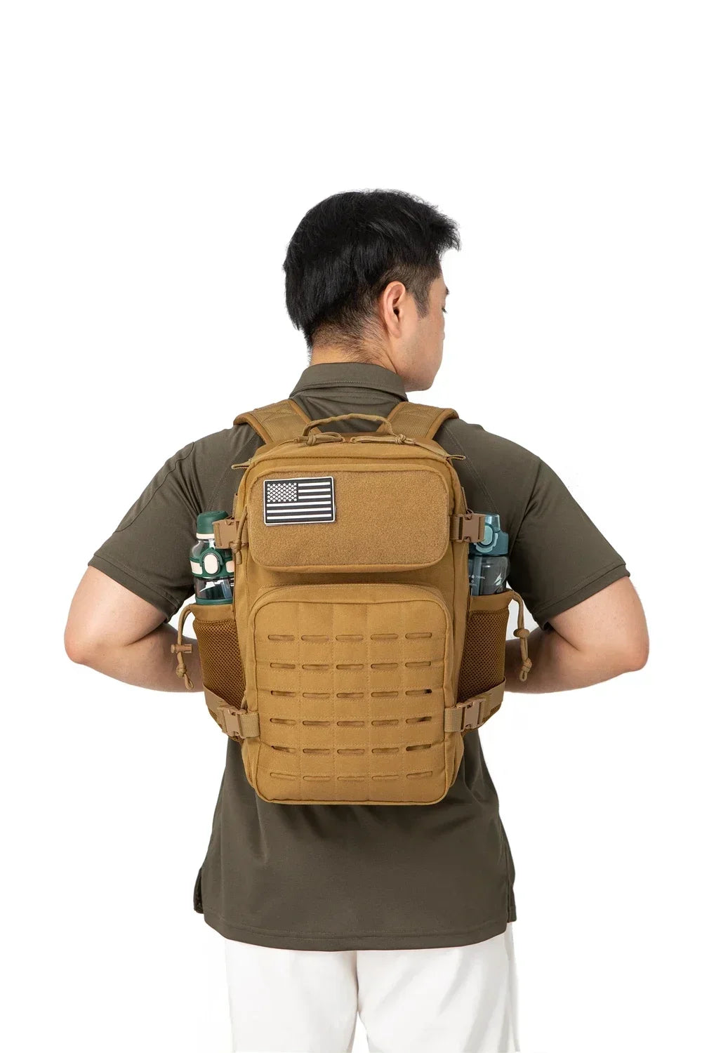 Mochilas tácticas de gimnasio de 25L para hombres, mochila Molle con corte láser de supervivencia, bolsa pequeña para insectos, mochila de caza con portavasos duales