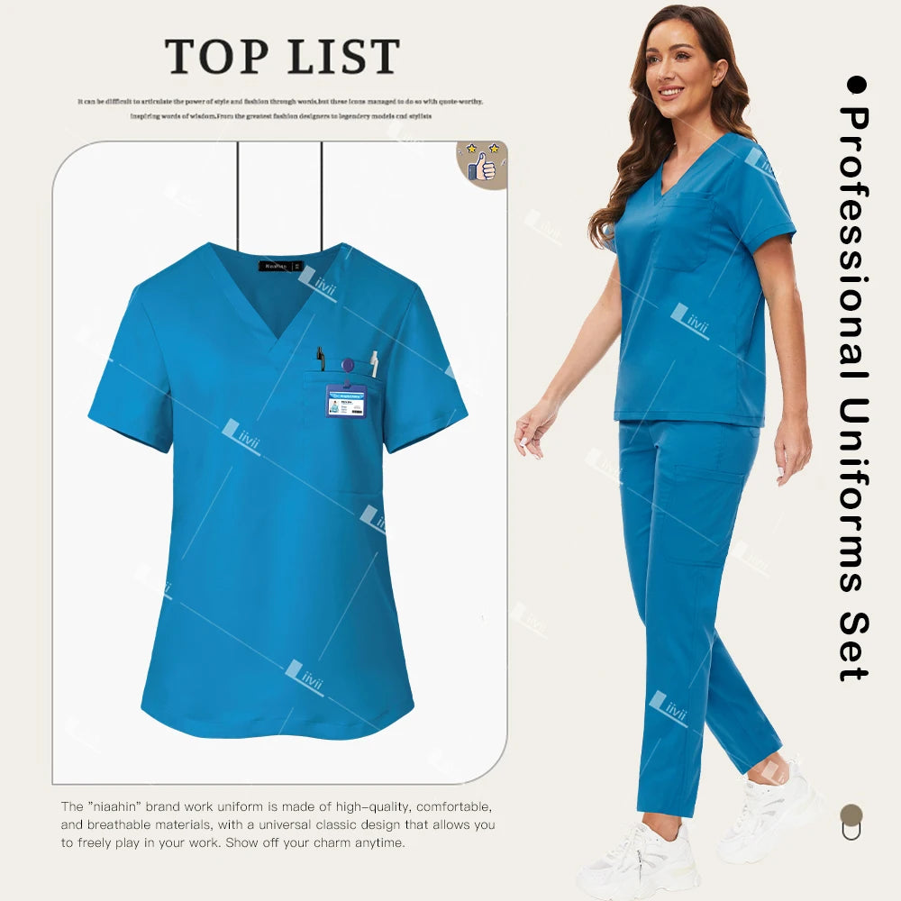 Nuevo conjunto de uniformes médicos, Top elástico con bolsillo, pantalones rectos, uniformes de enfermera, ropa de trabajo de laboratorio para salón de belleza