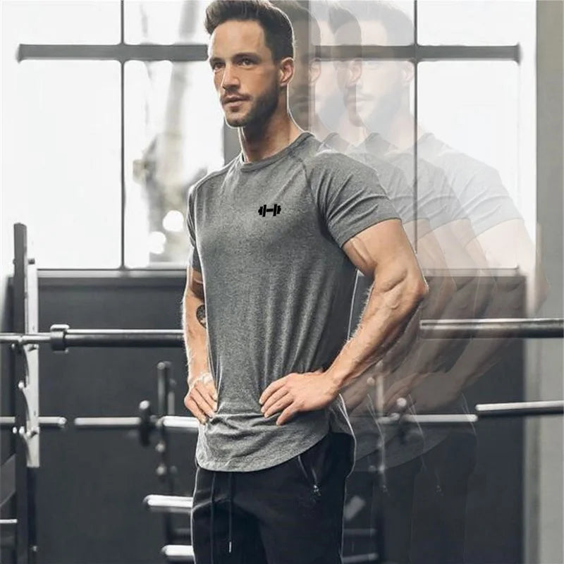 Ropa deportiva para gimnasio, culturismo, entrenamiento muscular, pantalón corto informal para hombre, ropa de algodón de manga, camisetas ajustadas transpirables para Fitness de verano