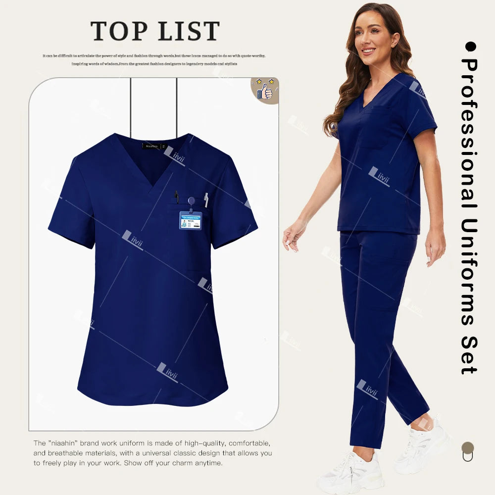 Nuevo conjunto de uniformes médicos, Top elástico con bolsillo, pantalones rectos, uniformes de enfermera, ropa de trabajo de laboratorio para salón de belleza