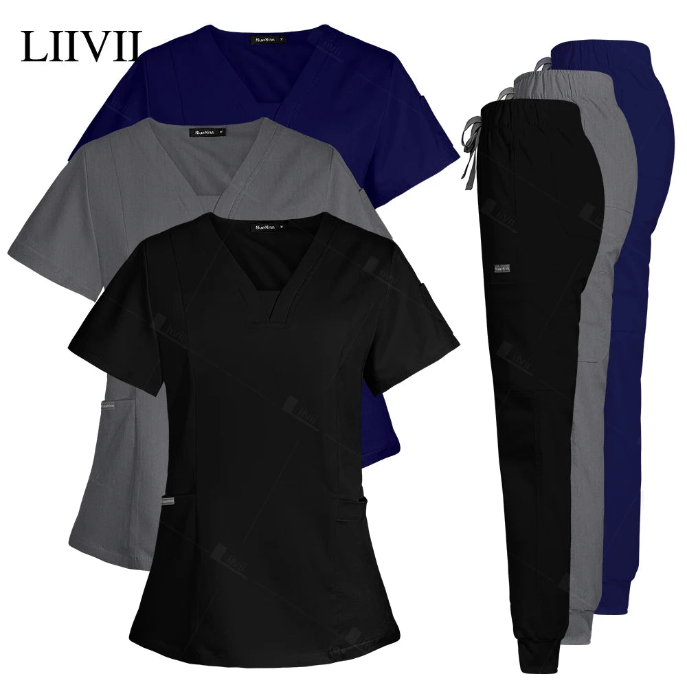Conjunto de ropa de trabajo clínica para mujer, uniforme de enfermera y enfermería, uniformes médicos, conjunto de exfoliantes, pantalones superiores para escuelas de belleza para mascotas, gris y negro