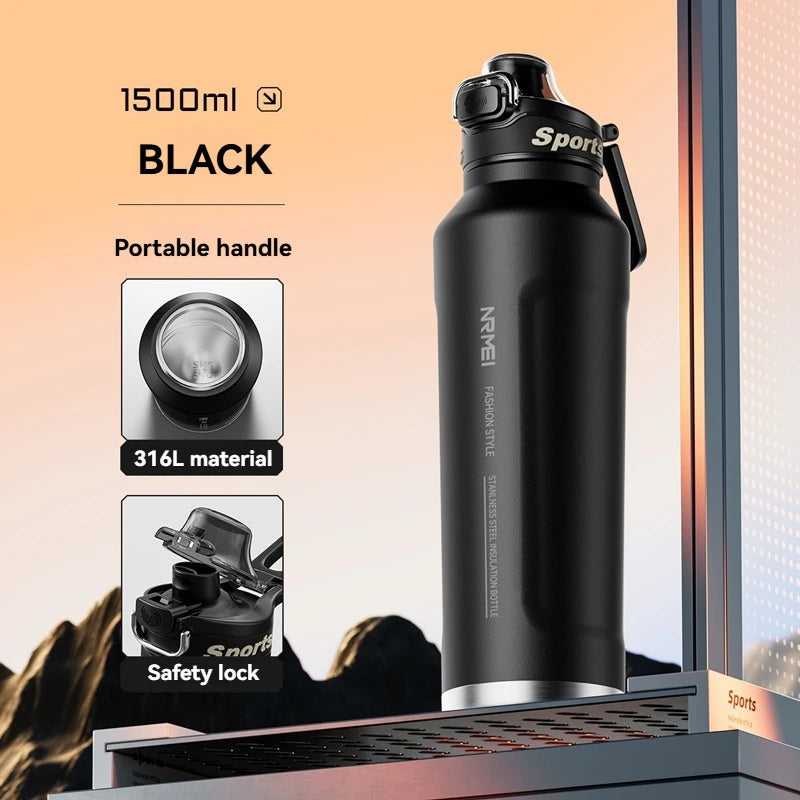 Botella de agua con aislamiento de 1,5 l, taza con aislamiento frío y caliente de acero inoxidable, termo al vacío, frascos de doble pared