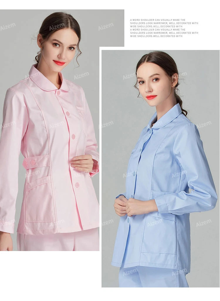 Uniformes de enfermera de manga larga azul, bata de laboratorio, uniforme de médico para mujer, prendas de vestir, ropa médica, ropa de trabajo de salón de belleza