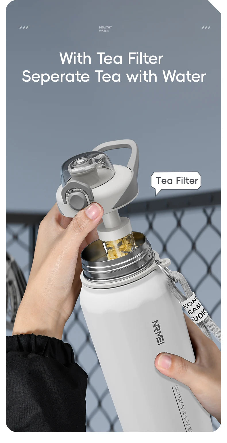 Botella de agua abierta de un botón con cuerda de elevación, botella termo de acero inoxidable de gran capacidad, frascos de vacío para deportes al aire libre