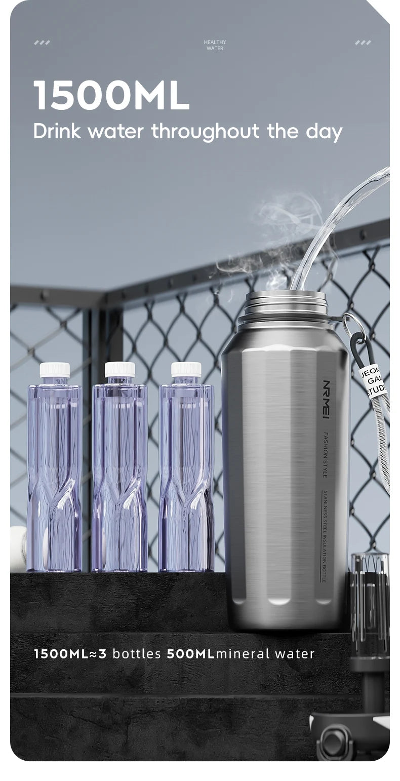 Botella de agua abierta de un botón con cuerda de elevación, botella termo de acero inoxidable de gran capacidad, frascos de vacío para deportes al aire libre