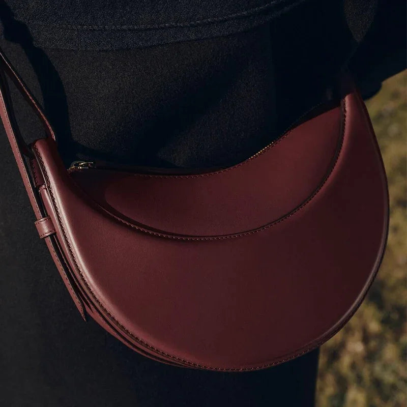 Bolso de hombro de mujer de cuero genuino de moda francesa, bolso de media luna, bolso de hombro tipo bandolera con cierre de cremallera de diseño de nicho