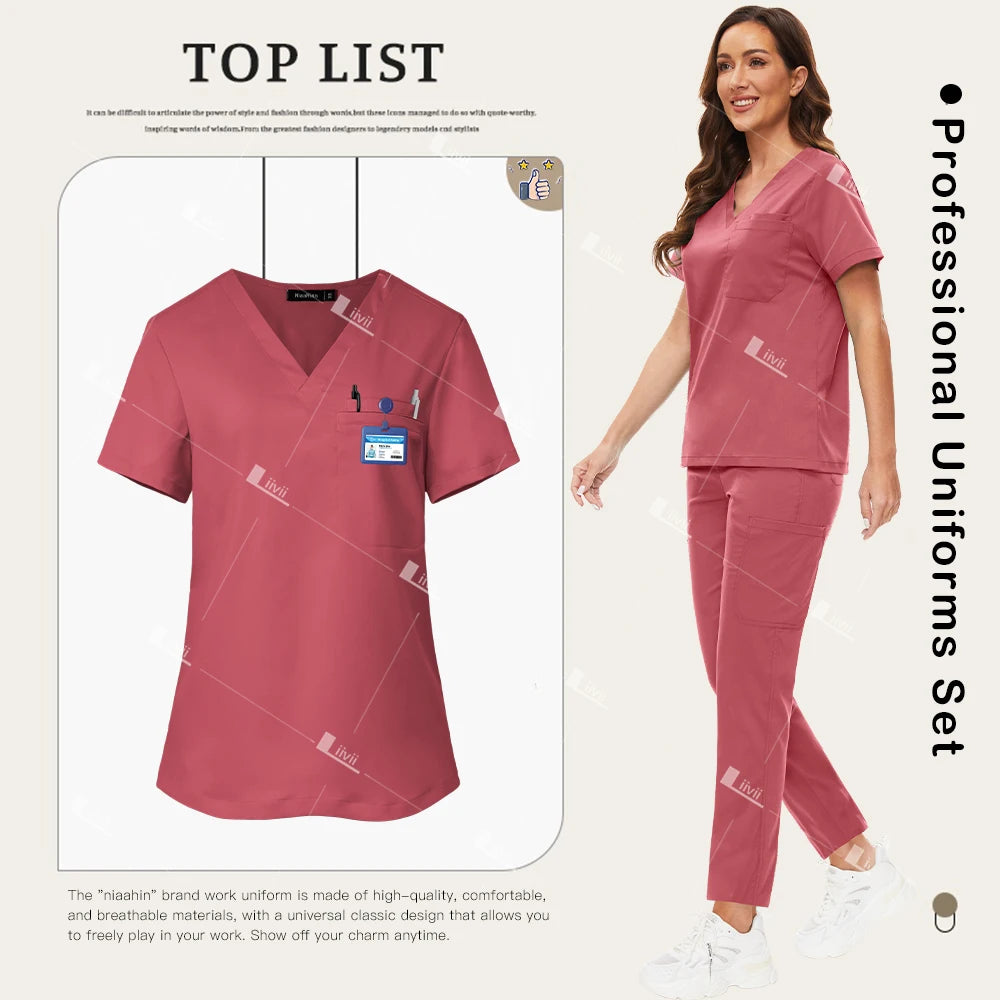 Nuevo conjunto de uniformes médicos, Top elástico con bolsillo, pantalones rectos, uniformes de enfermera, ropa de trabajo de laboratorio para salón de belleza