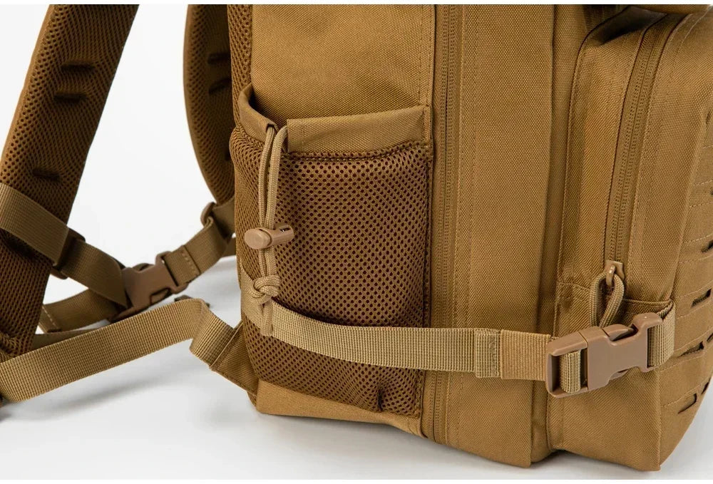 Mochilas tácticas de gimnasio de 25L para hombres, mochila Molle con corte láser de supervivencia, bolsa pequeña para insectos, mochila de caza con portavasos duales