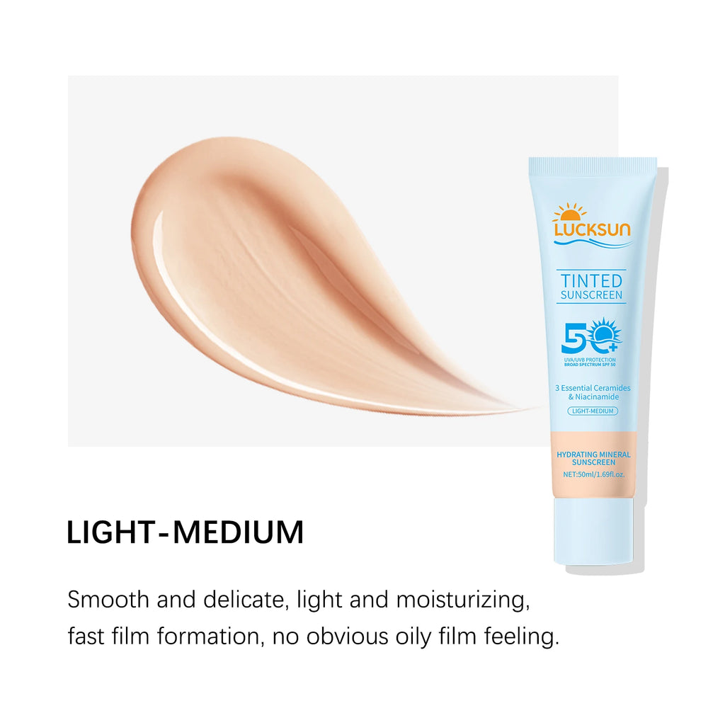 Protector solar teñido SPF 50 Protector solar mineral hidratante para el tono uniforme de la piel con ceramidas niacinamida para tonos de piel claros y medianos, 50 ml
