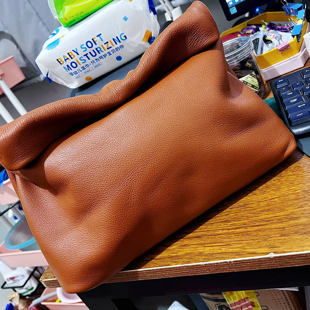 Bolso de mano de piel de vaca 100% auténtica para mujer, bolso de diseñador plegable, bolso con asa magnética Simple