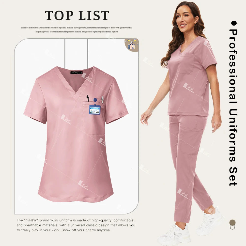 Nuevo conjunto de uniformes médicos, Top elástico con bolsillo, pantalones rectos, uniformes de enfermera, ropa de trabajo de laboratorio para salón de belleza