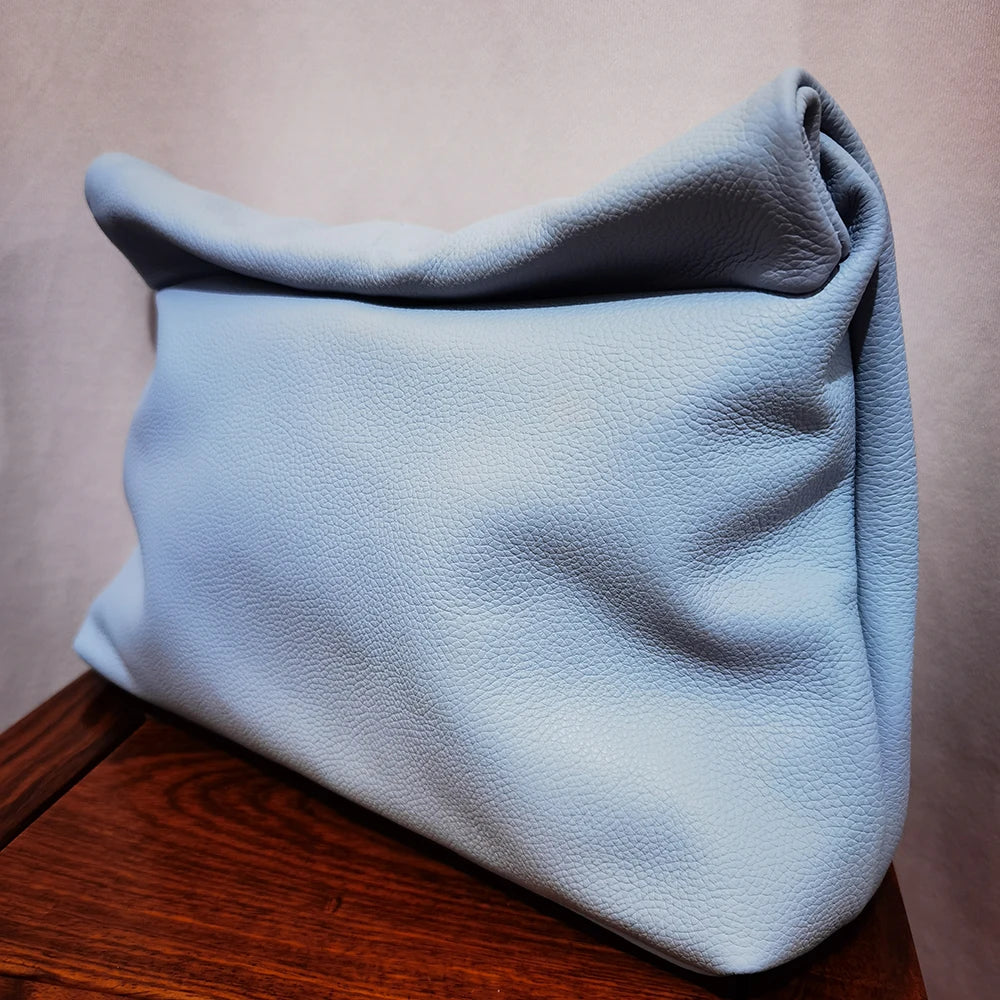 Bolso de mano de piel de vaca 100% auténtica para mujer, bolso de diseñador plegable, bolso con asa magnética Simple