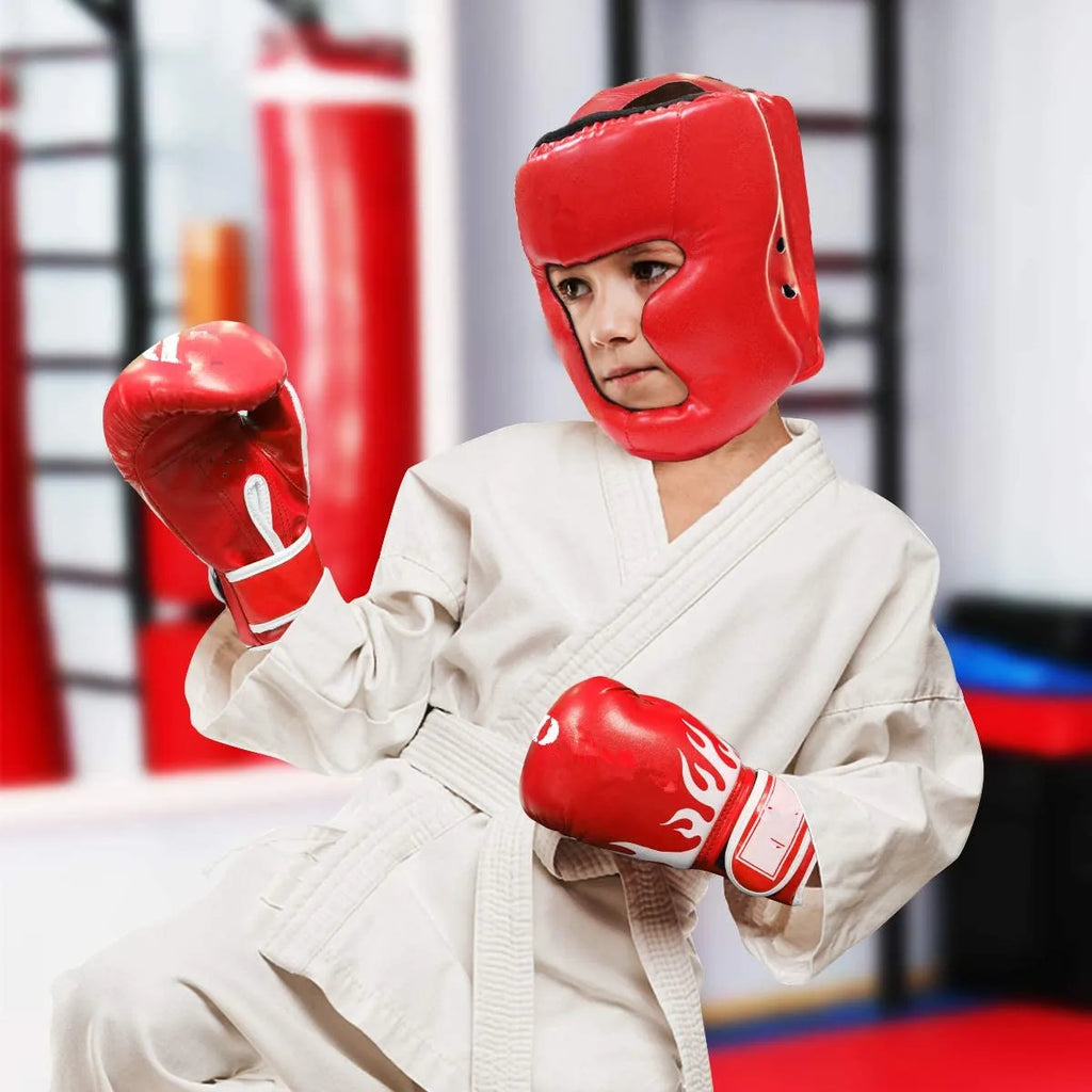 Guantes de boxeo de seguridad MMA para adultos/niños, protectores de cabeza para casco, guantes de cuero PU, entrenamiento de boxeo para niños, Kickboxing, objetivo de boxeador