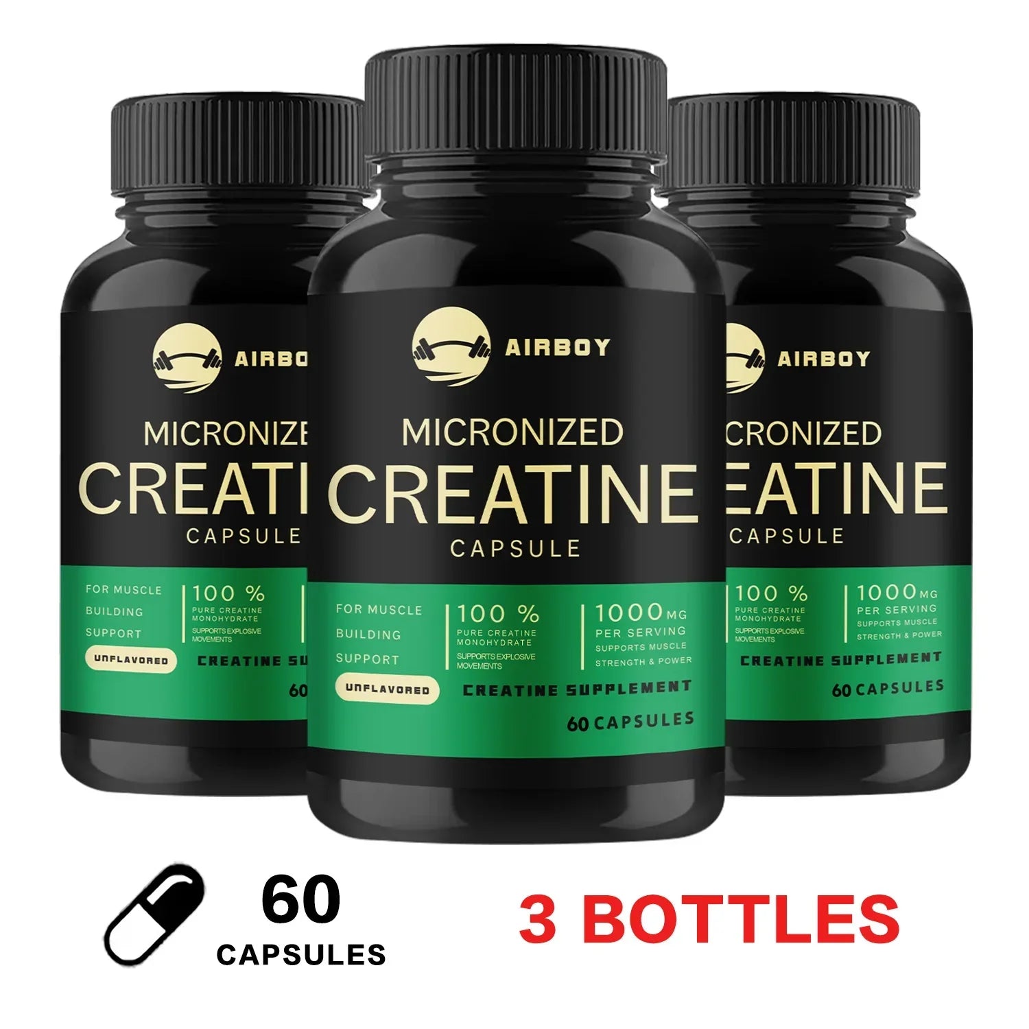 Cápsulas de monohidrato de creatina: suplemento de fuerza, músculo y rendimiento para hombres y mujeres, sin OGM ni sin gluten
