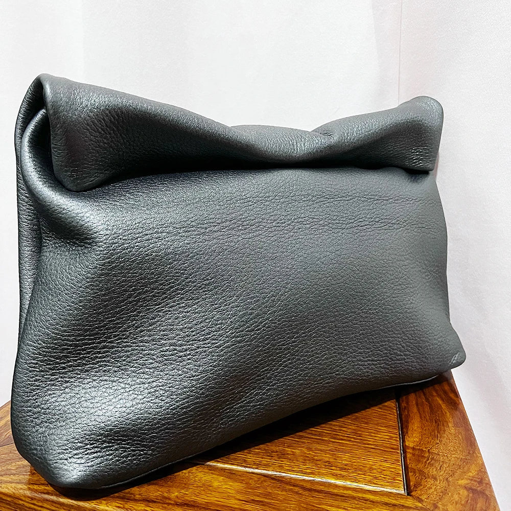 Bolso de mano de piel de vaca 100% auténtica para mujer, bolso de diseñador plegable, bolso con asa magnética Simple