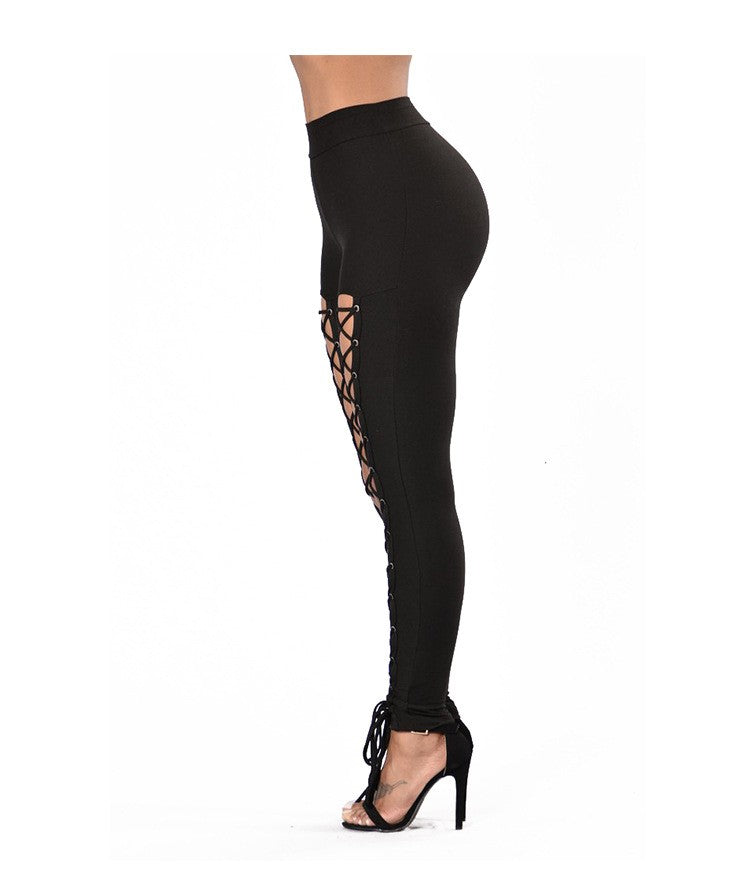 Leggings sexys de estilo europeo y americano para otoño/invierno con tirantes dobles de ojales, lazos cruzados y corte ajustado al tobillo en color liso.