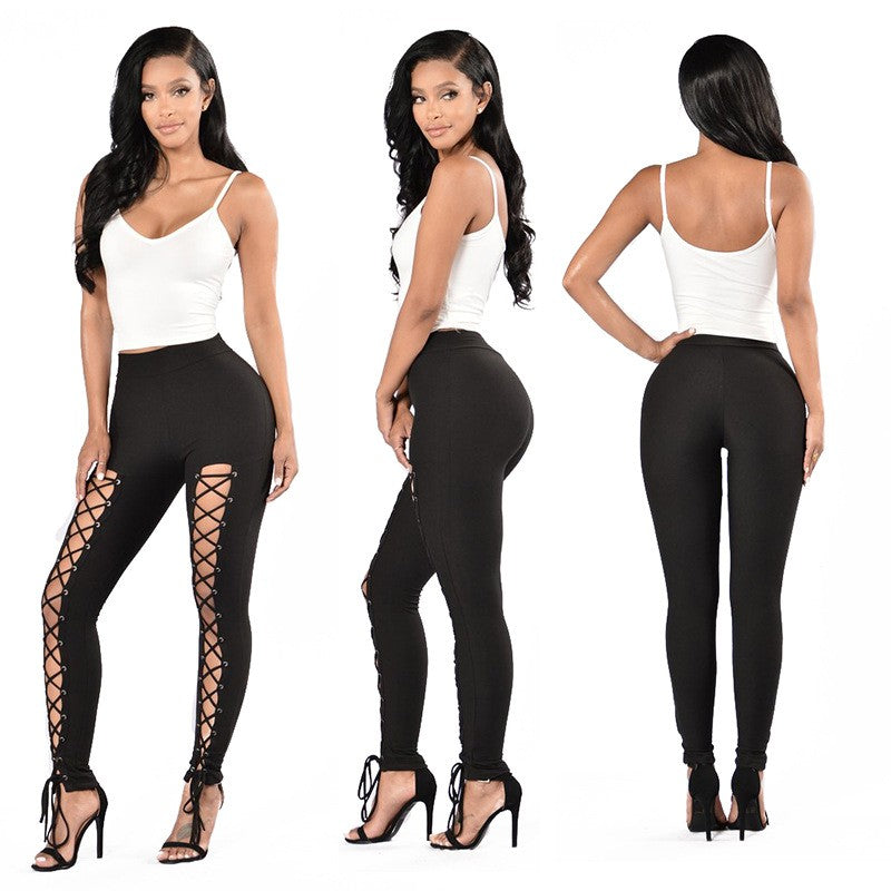Leggings sexys de estilo europeo y americano para otoño/invierno con tirantes dobles de ojales, lazos cruzados y corte ajustado al tobillo en color liso.